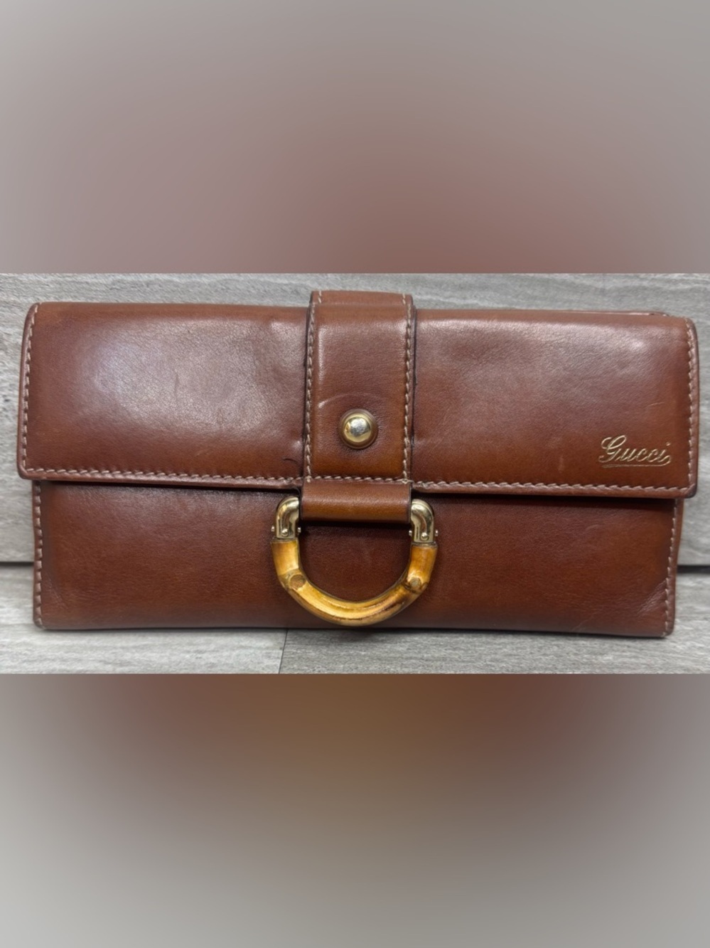 Gucci Bamboo Ring Continental Clutch Check Wallet Vintage